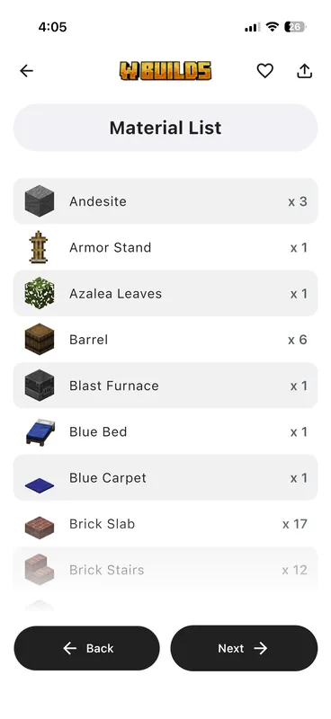 WBuilds exact material list for minecraft builds