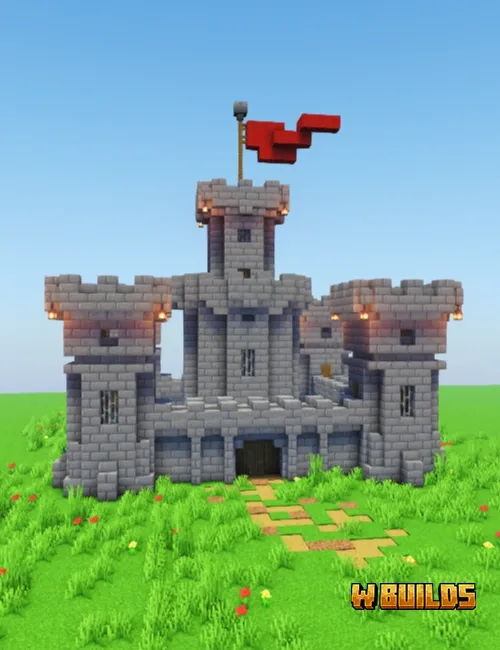 Minecraft medieval castle build with stone walls and towers - 112 steps